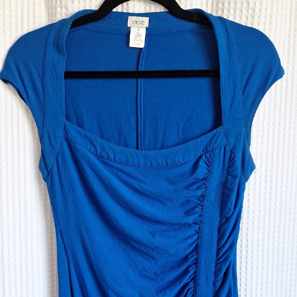 Cache Blue Cap Sleeve  Rouched Dress 8